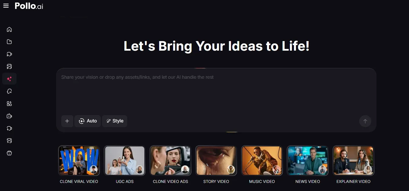 Pollo.ai AI video creation main interface with scene template shortcuts and input dialog box