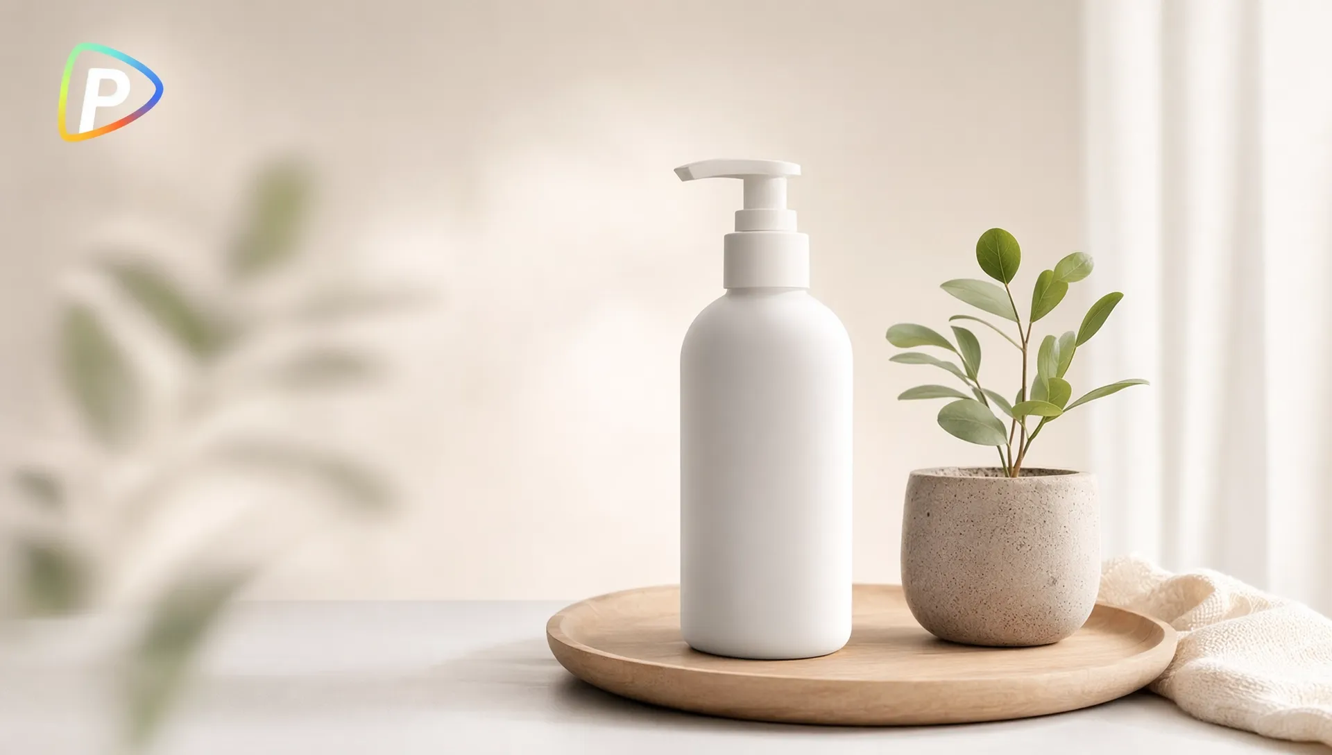 白いボトルと小さな植物が置かれた木製のトレイ