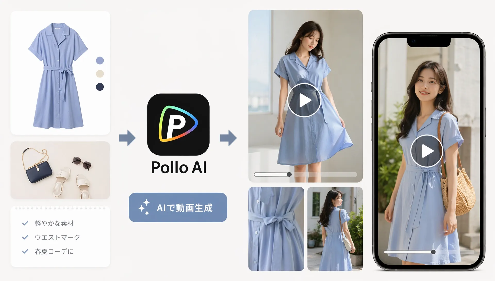 青いドレスとアクセサリーのコーディネートを紹介する画像