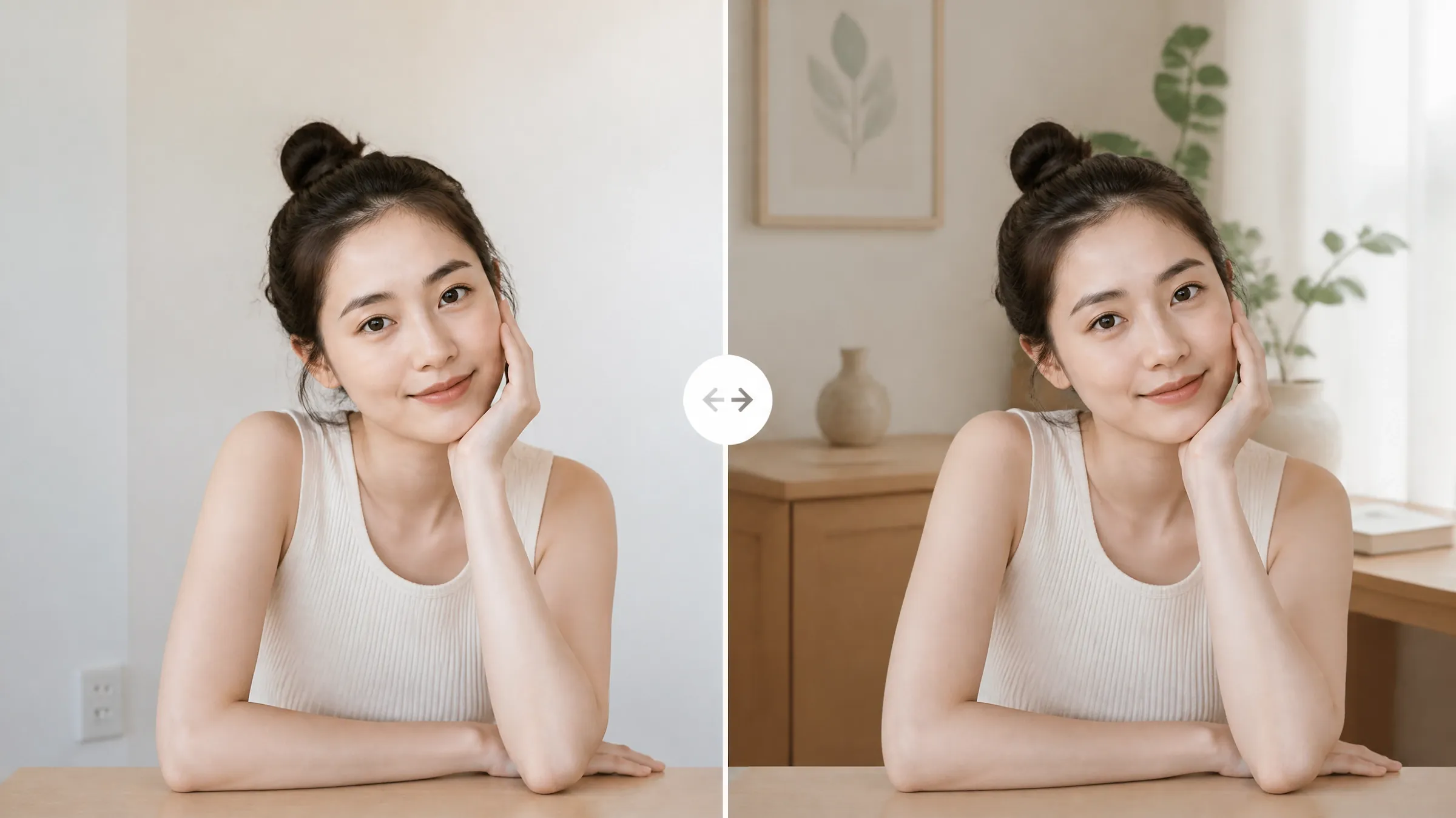 テーブルに座って微笑む女性のポートレート