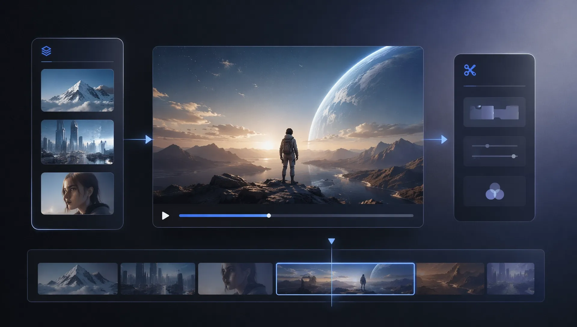 宇宙を背景にした動画編集インターフェースのデザイン