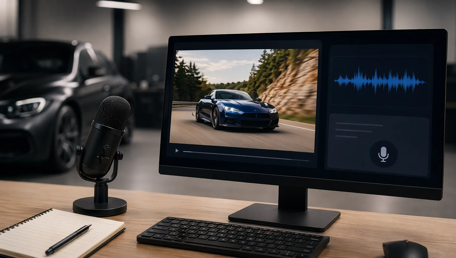 デスクに置かれたマイクと車の映像が表示されたモニター