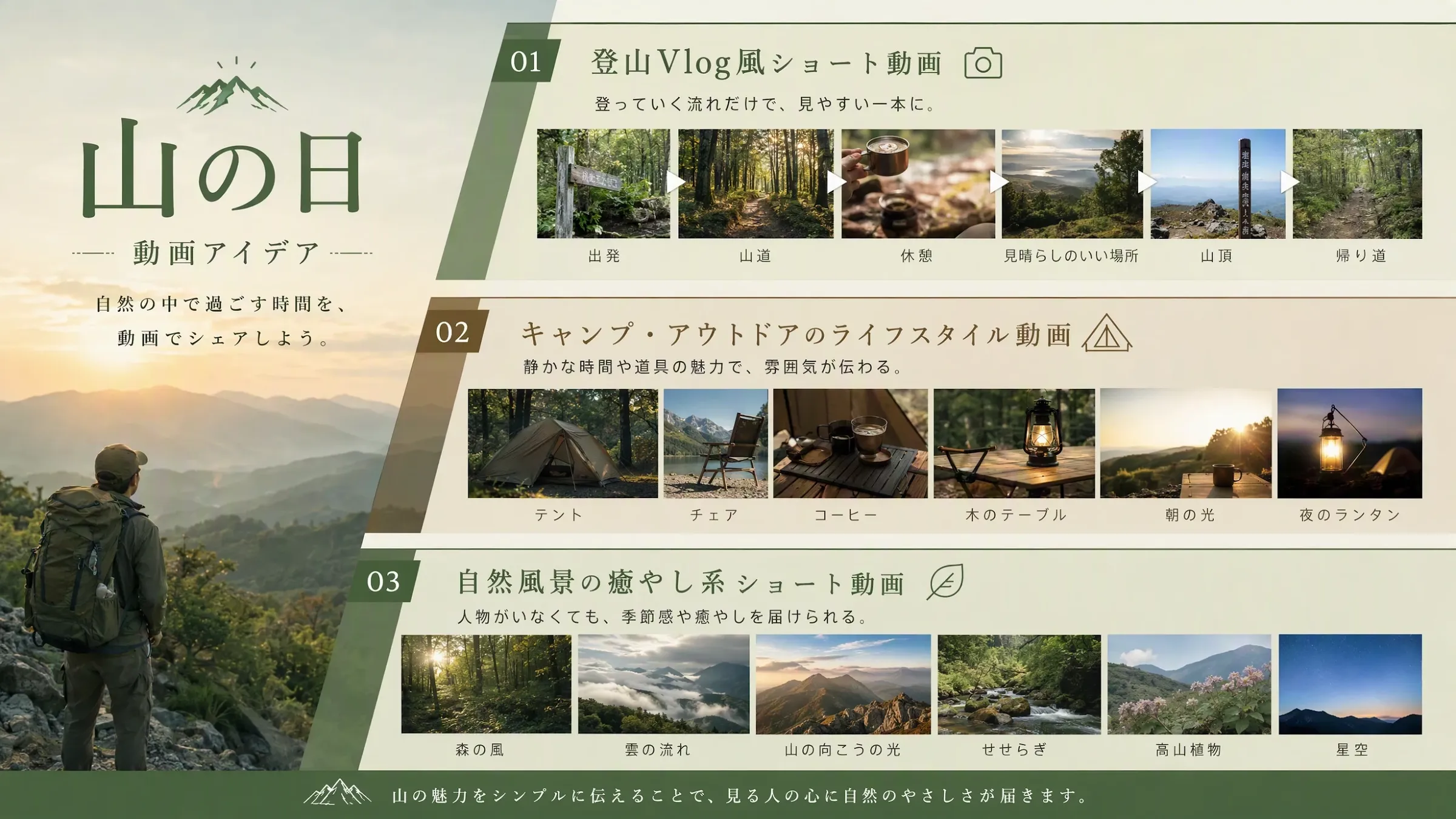 山の日に関する動画アイデアの紹介と自然の魅力を伝える内容