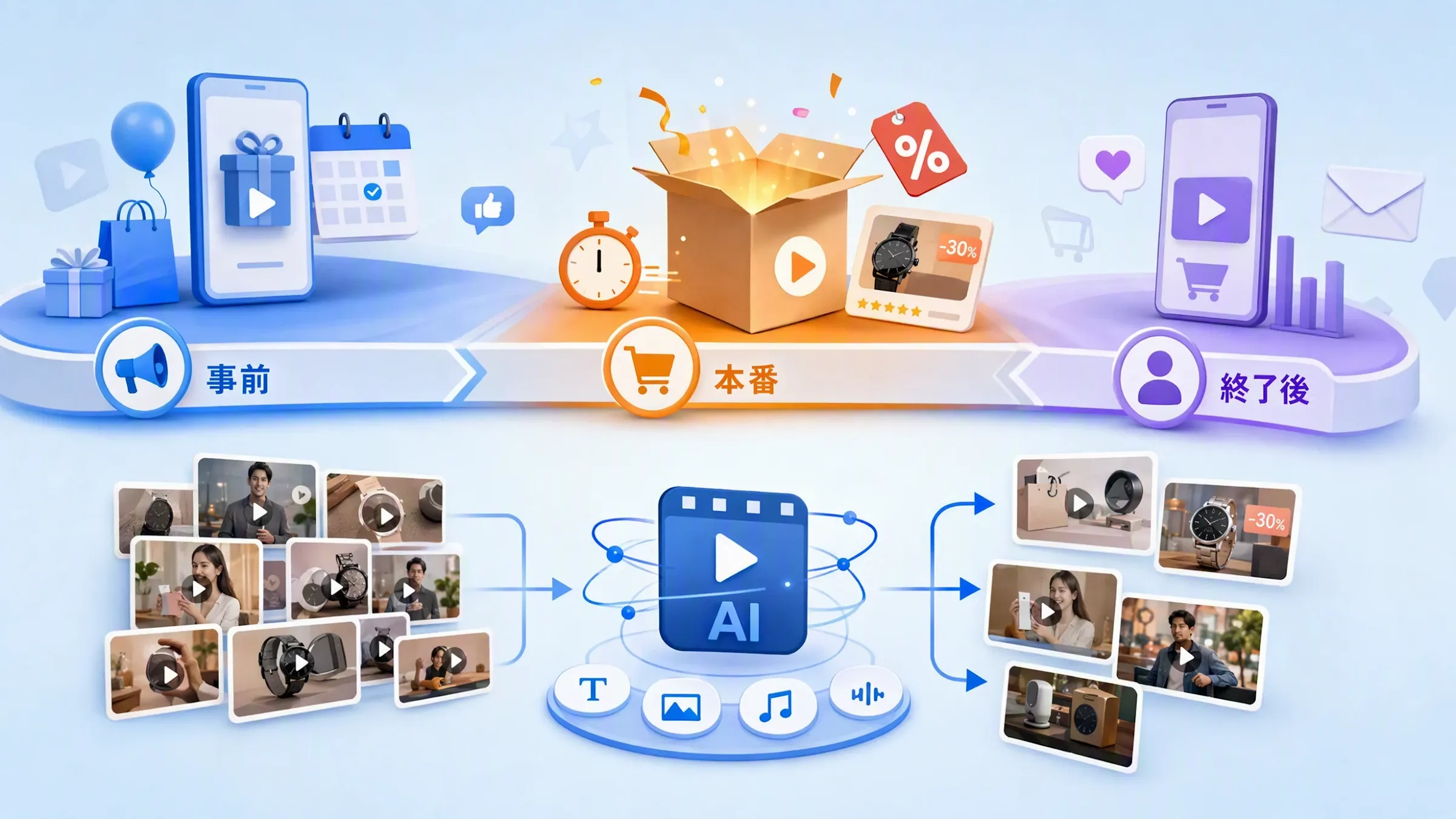 マーケティングプロセスのイラスト、動画と商品の関連性を示す