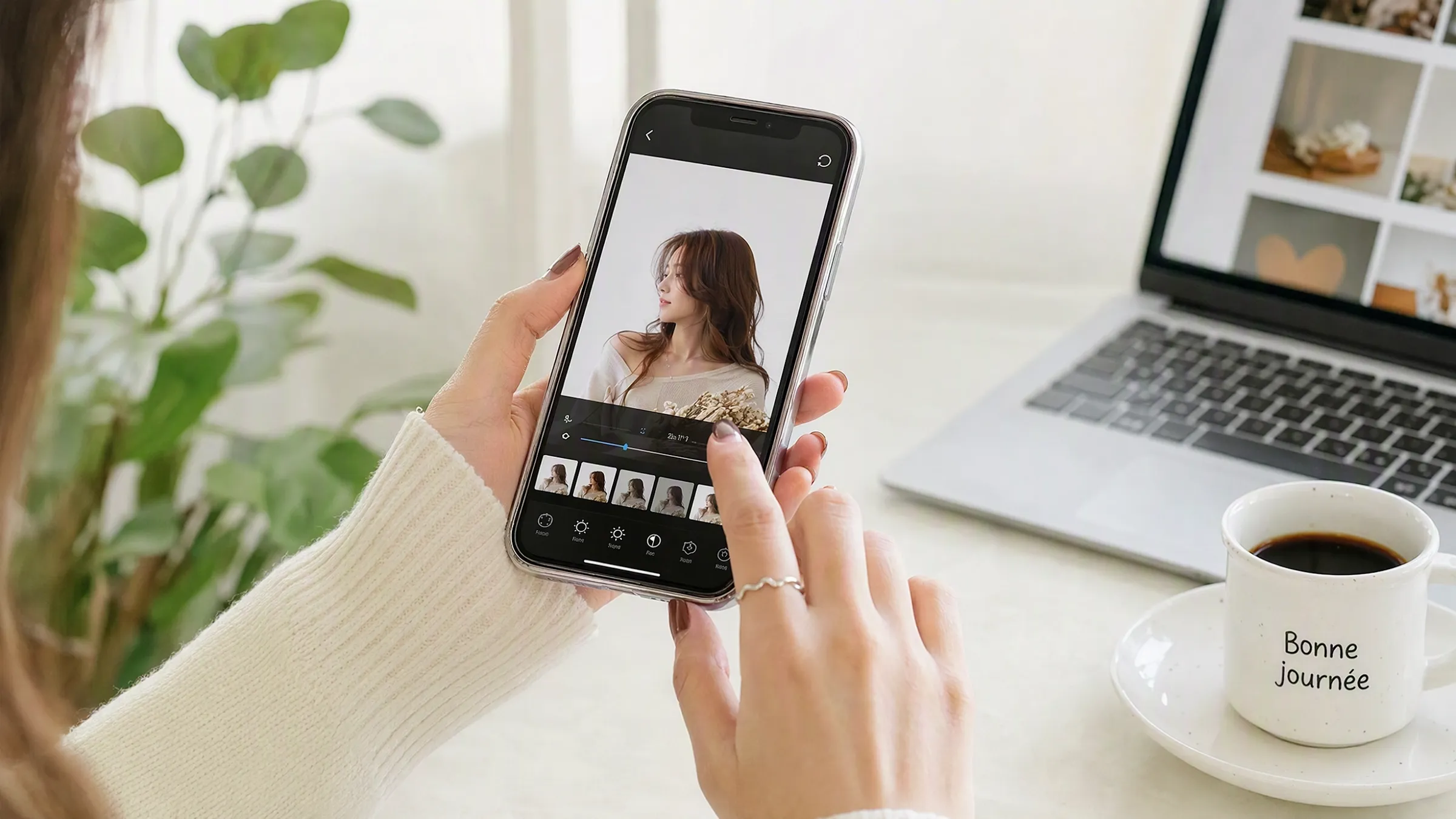 スマートフォンで写真を編集している女性の手