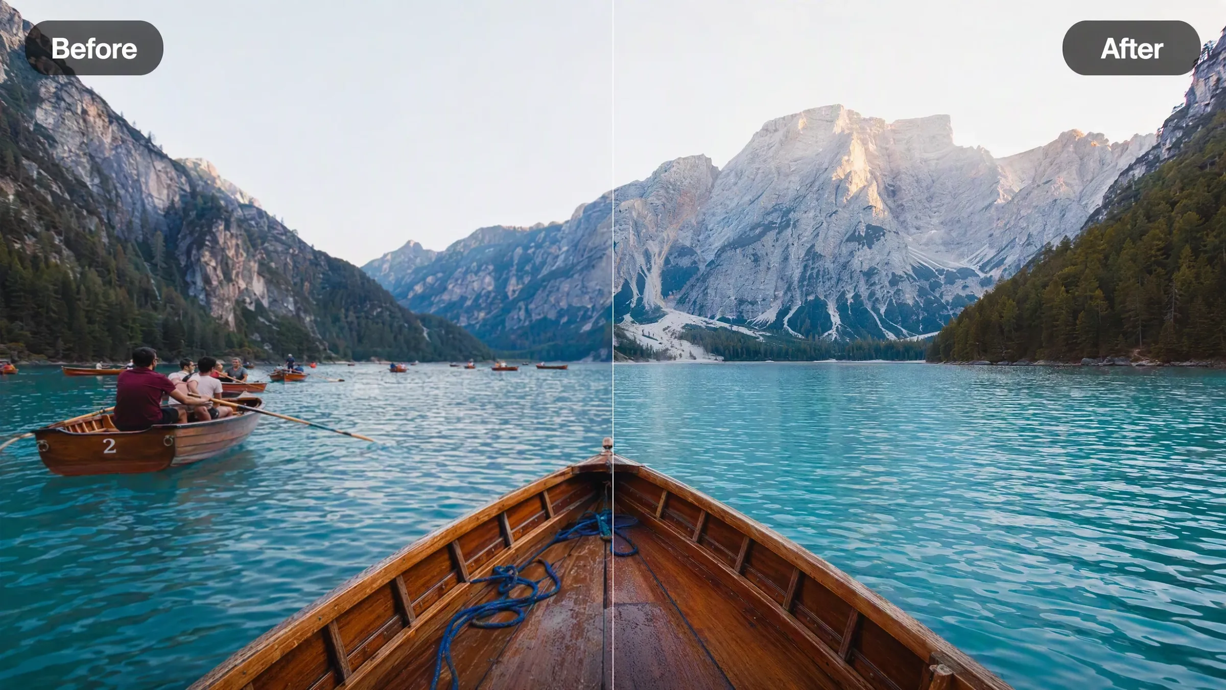 湖の美しい風景とボートの前景が映る画像。