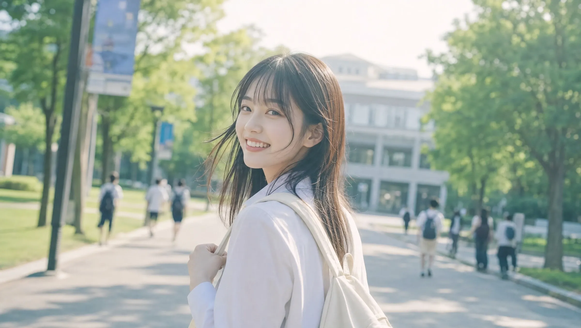 公園で微笑む女の子が振り返っている