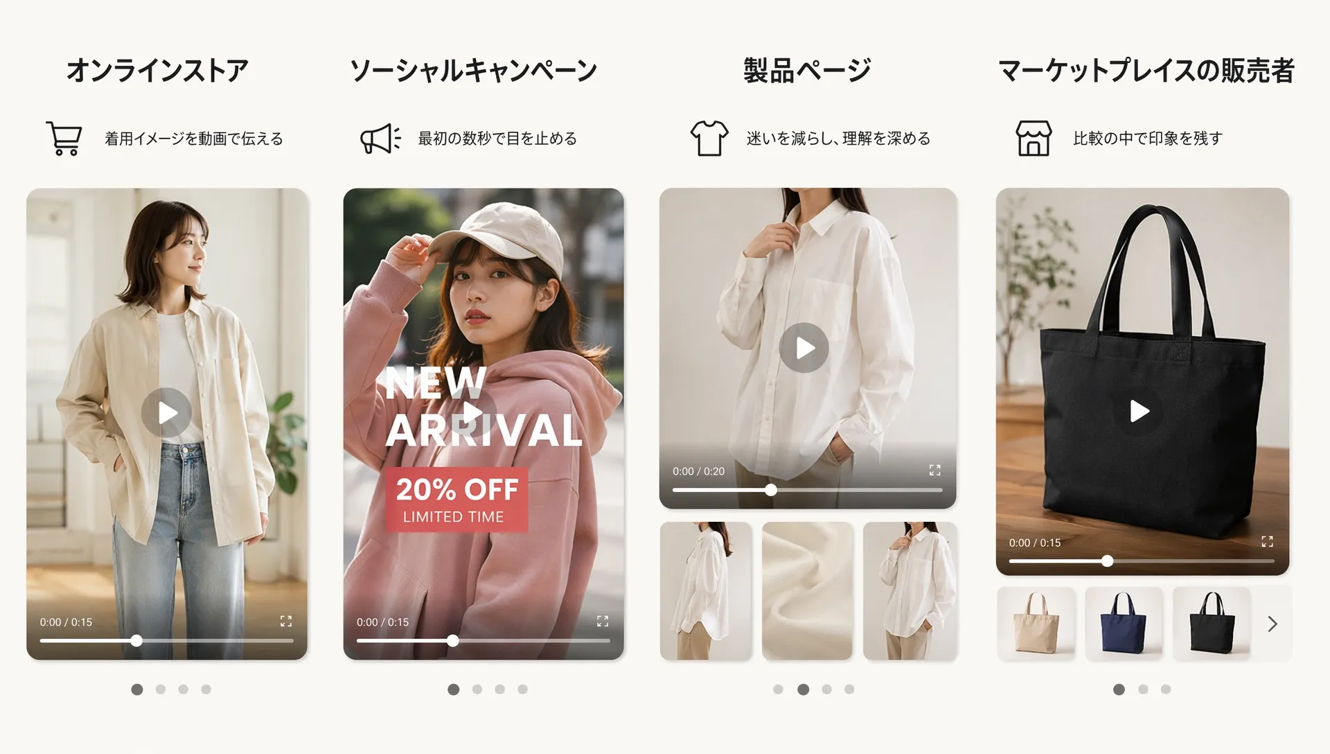 オンラインストアのプロモーションビデオと商品ページのサンプル