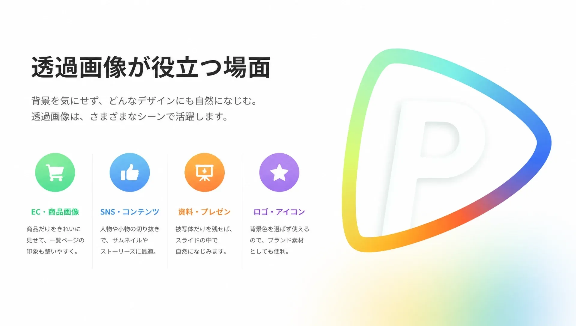 透明画像が役立つ場面についての説明とアイコンの例