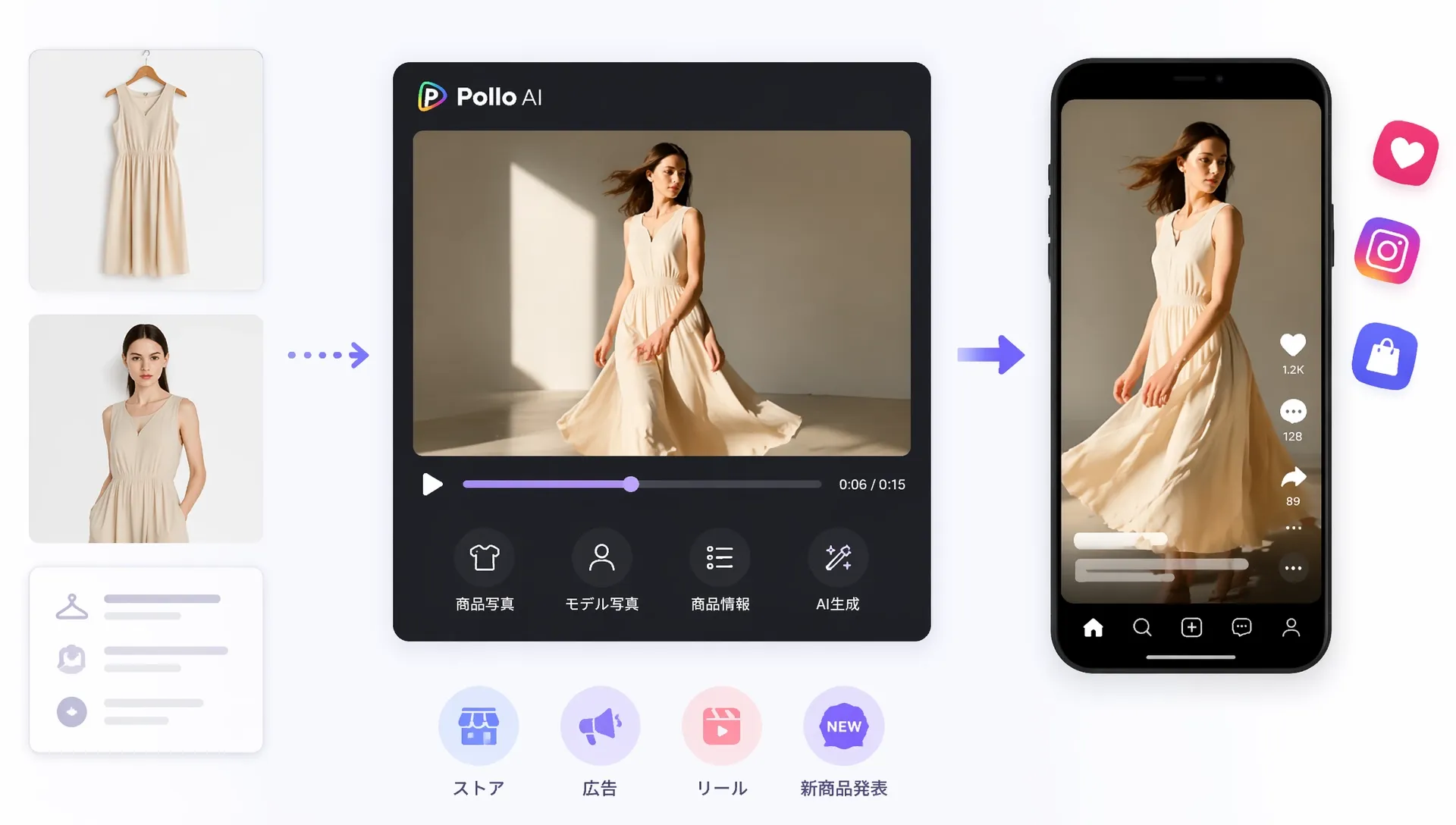 ベージュのドレスを着たモデルが回転している