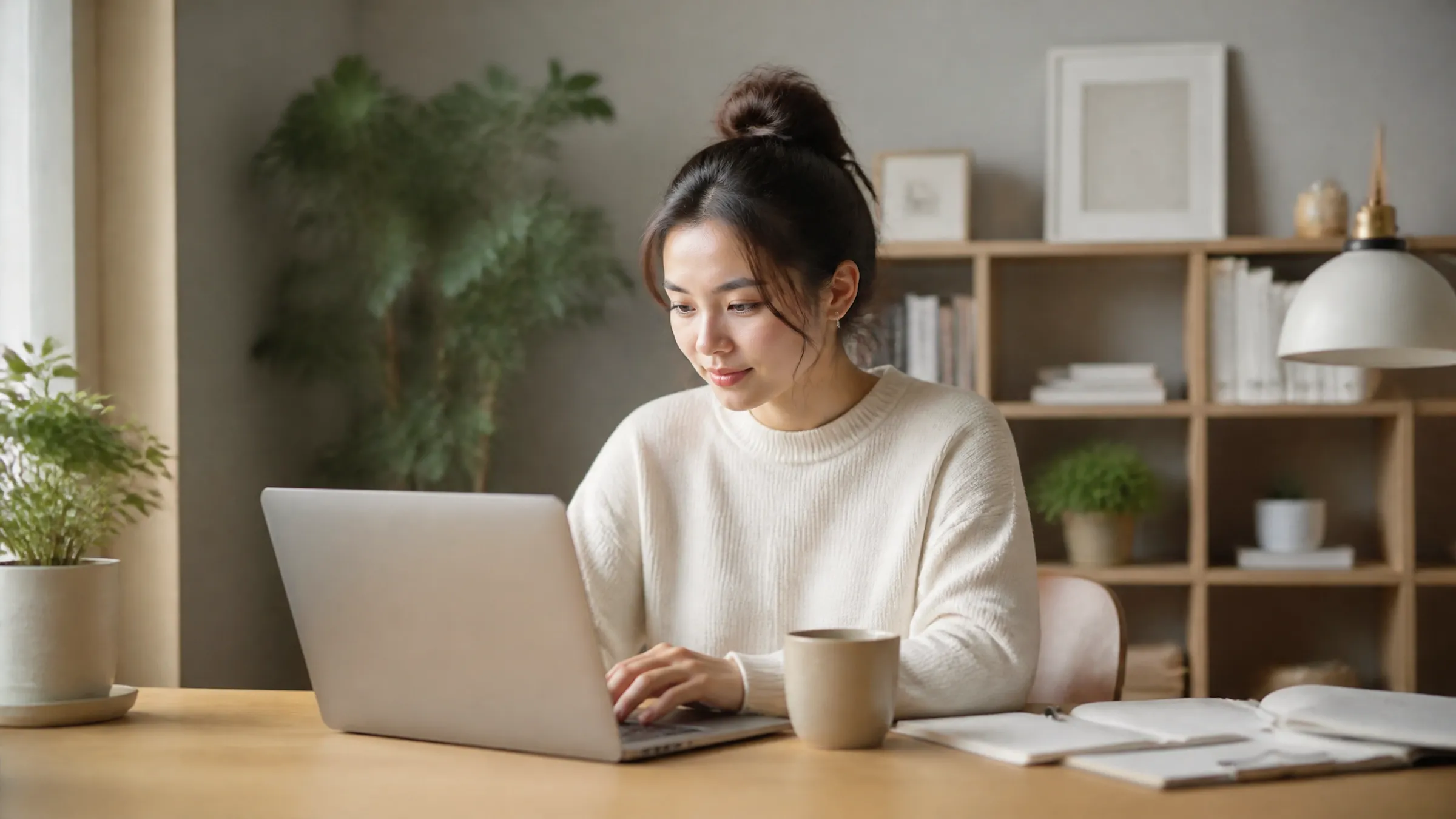 ノートパソコンで作業する女性とコーヒーカップ