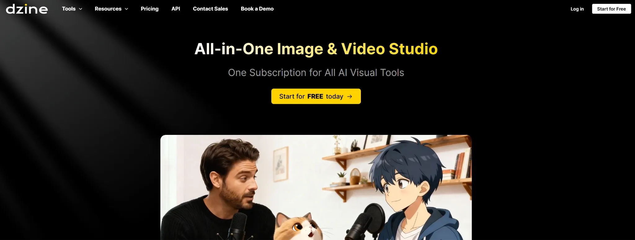 A man and an animated character discussing in a studio setting.