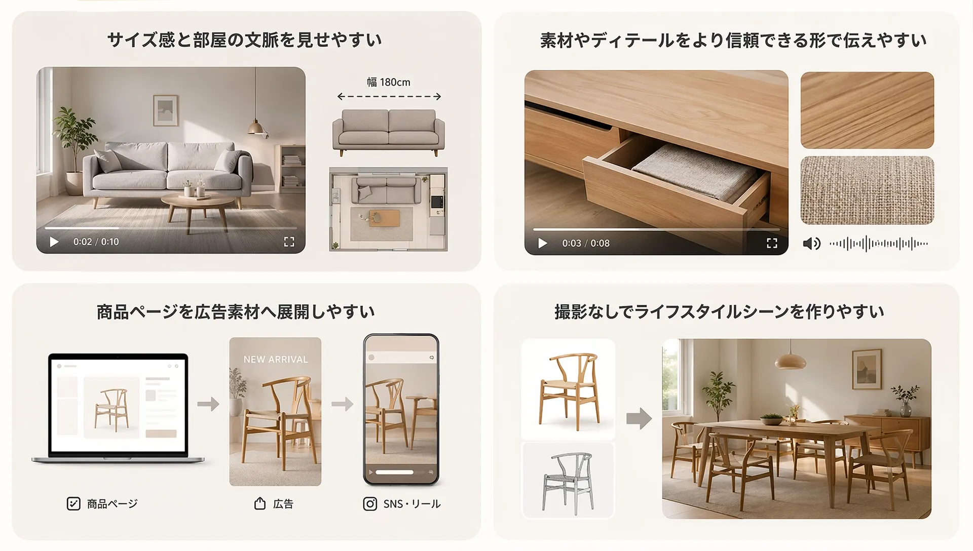 家具のサイズ感や素材を視覚的に伝えるデザインの説明