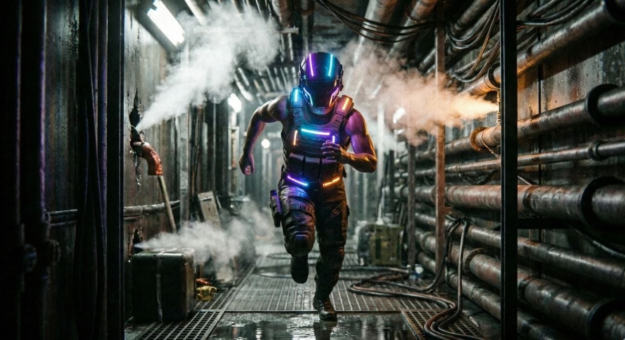 Cybernetic sprint: glowing armor, mist, and grime-filled passage.