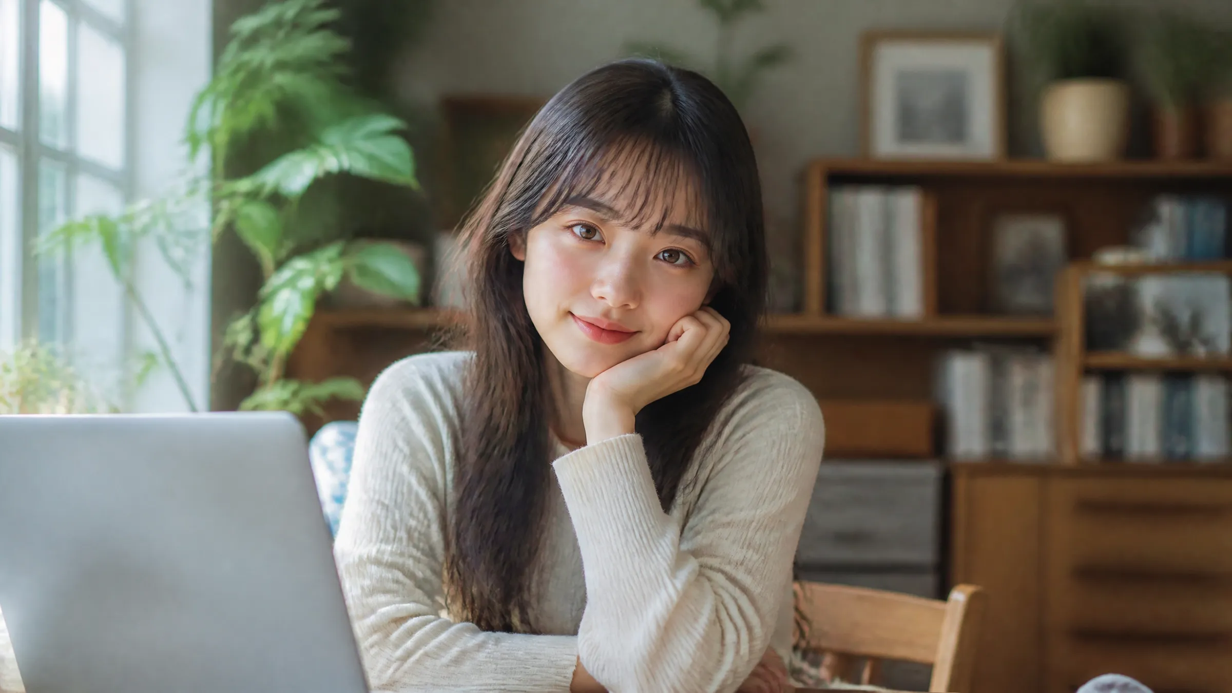 デスクで微笑む若い女性が手を顎に当てている