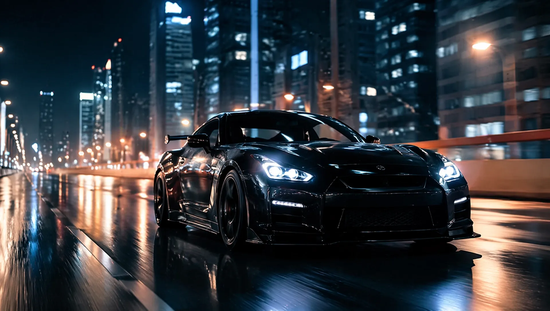 夜の都市で走る黒いスポーツカー