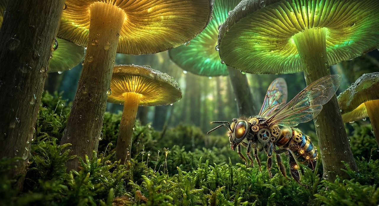 Luminescent fungi, mossy ground, intricate clockwork insect.