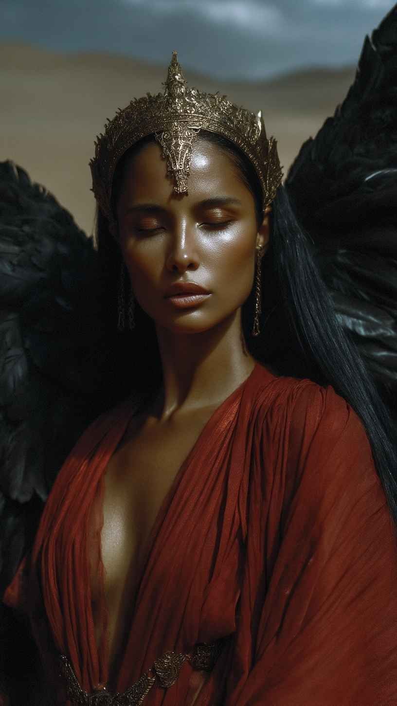 Serene, regal figure with black wings under cloudy skies.