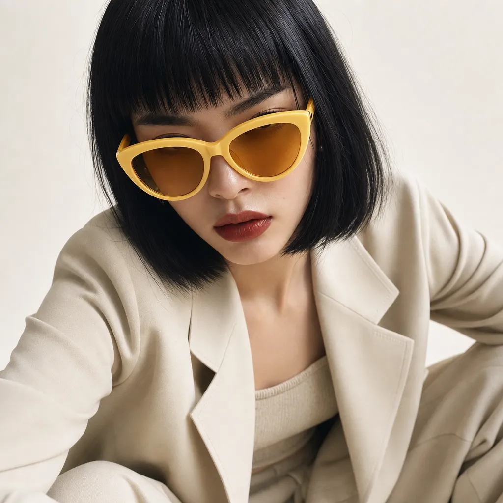 Image d’essayage générée par Pollo AI avec une femme portant des lunettes de soleil jaunes