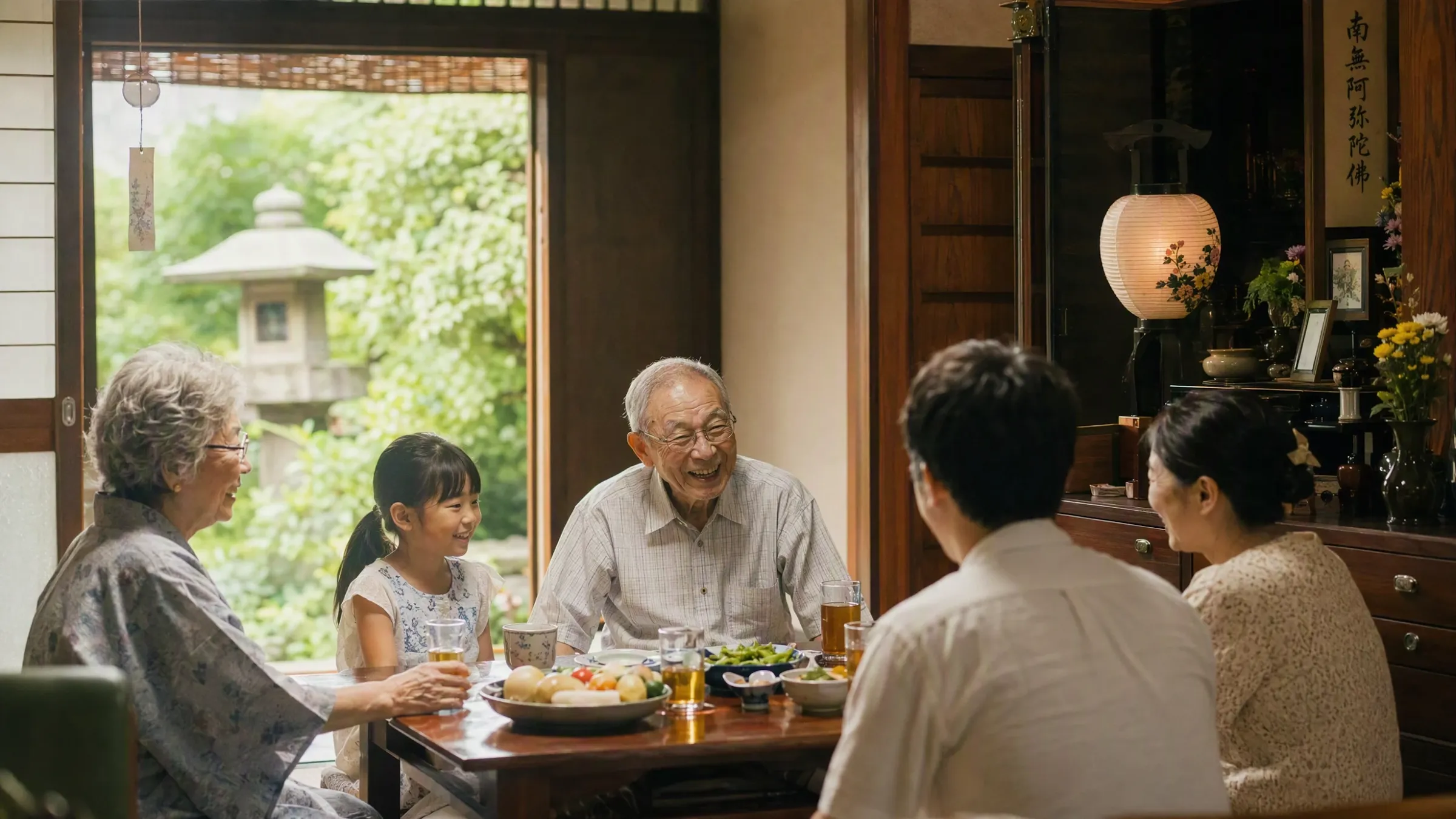 家族がテーブルを囲んで楽しそうに食事をしている様子