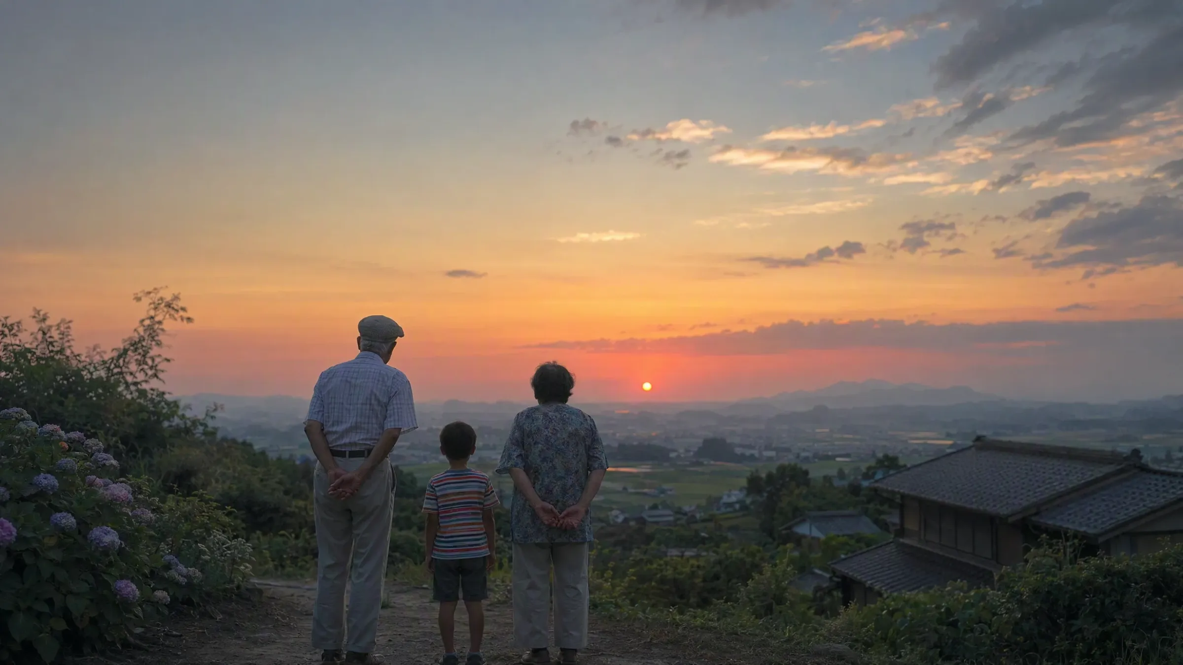 祖父母と子供が夕日を見つめる風景
