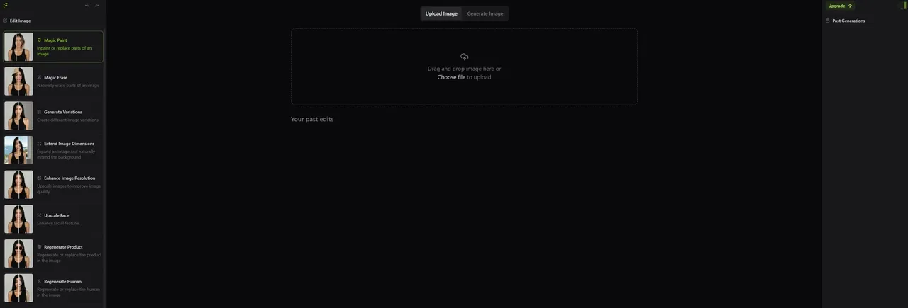 Een donkere interface voor het bewerken van afbeeldingen, met diverse tools en opties.