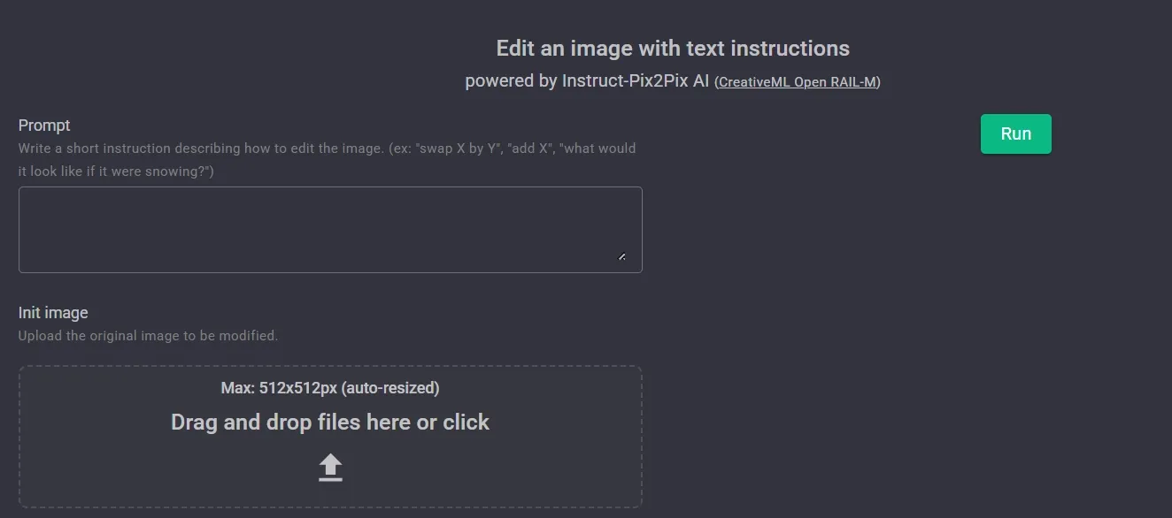 A user interface for editing images with text instructions and upload option.