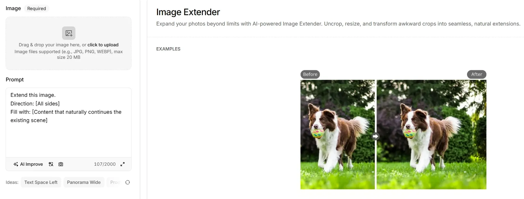 Pollo AI image extender tool interface with dog photo extension example