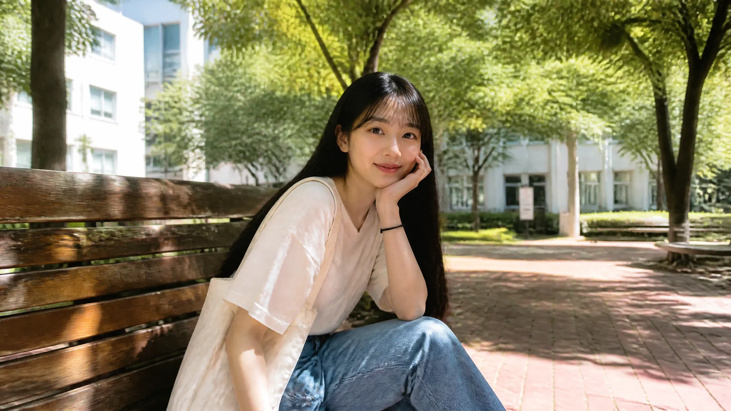 公園のベンチに座って微笑む若い女性