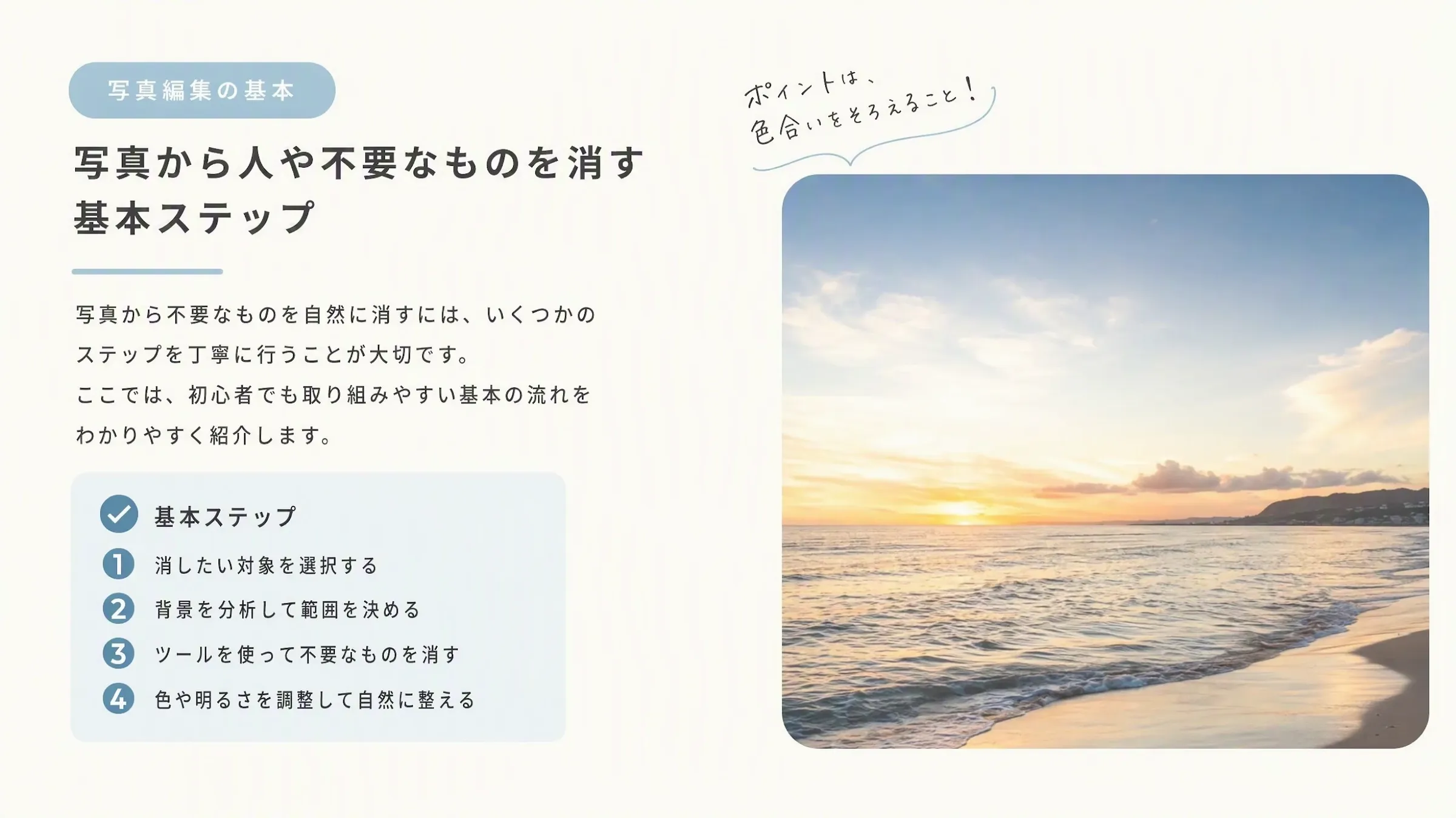 写真編集の基本ステップと海の夕日