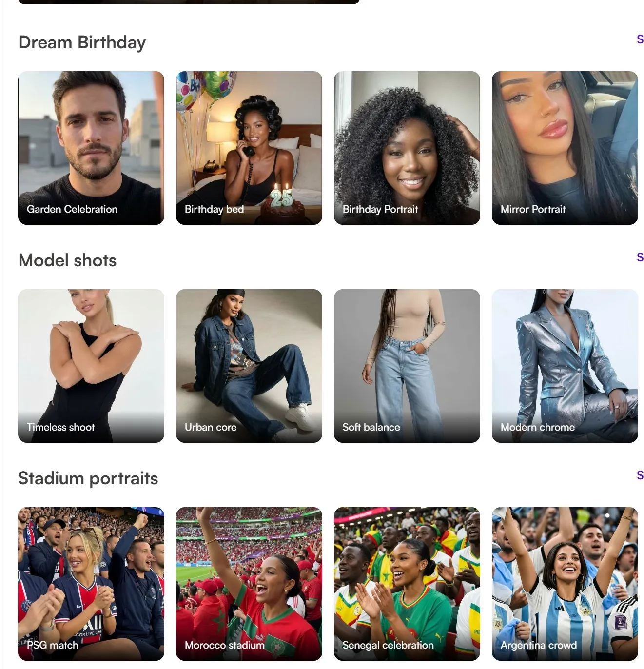 Image template categories for birthdays, fashion, and stadium portraits