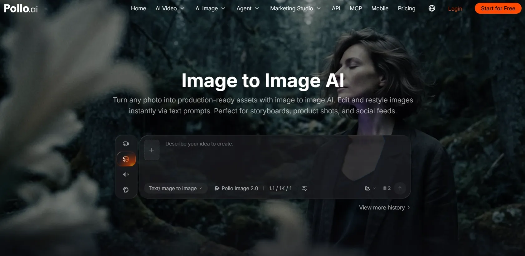Une femme interagissant avec une interface de retouche d'images par intelligence artificielle dans un décor forestier.