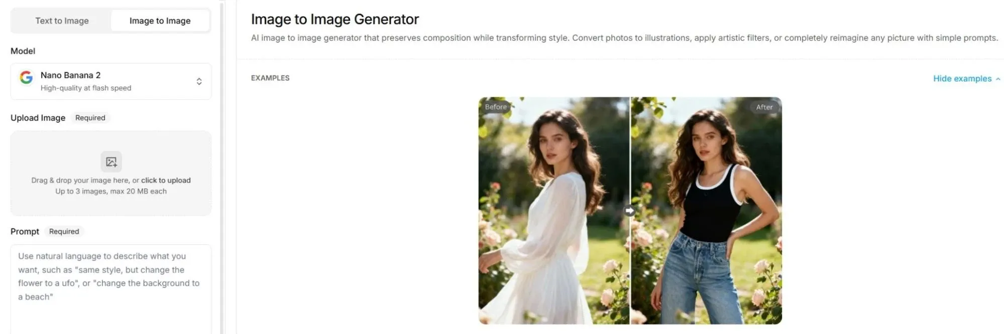 Pollo AI image to image generator interface with photo style transformation example