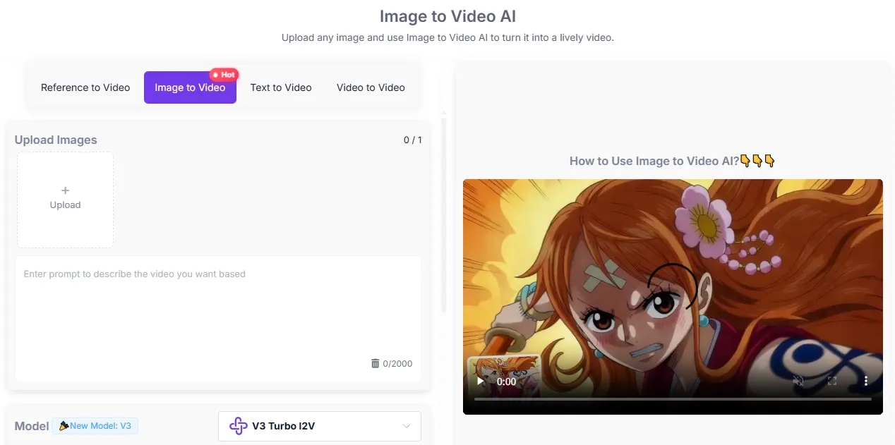 Een gebruikersinterface voor het omzetten van afbeeldingen naar video met een geanimeerd personage.