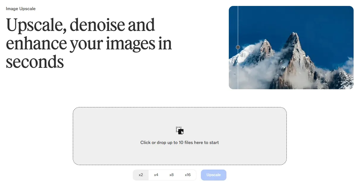 Interface pour agrandir et améliorer des images avec des options d’import de fichier.