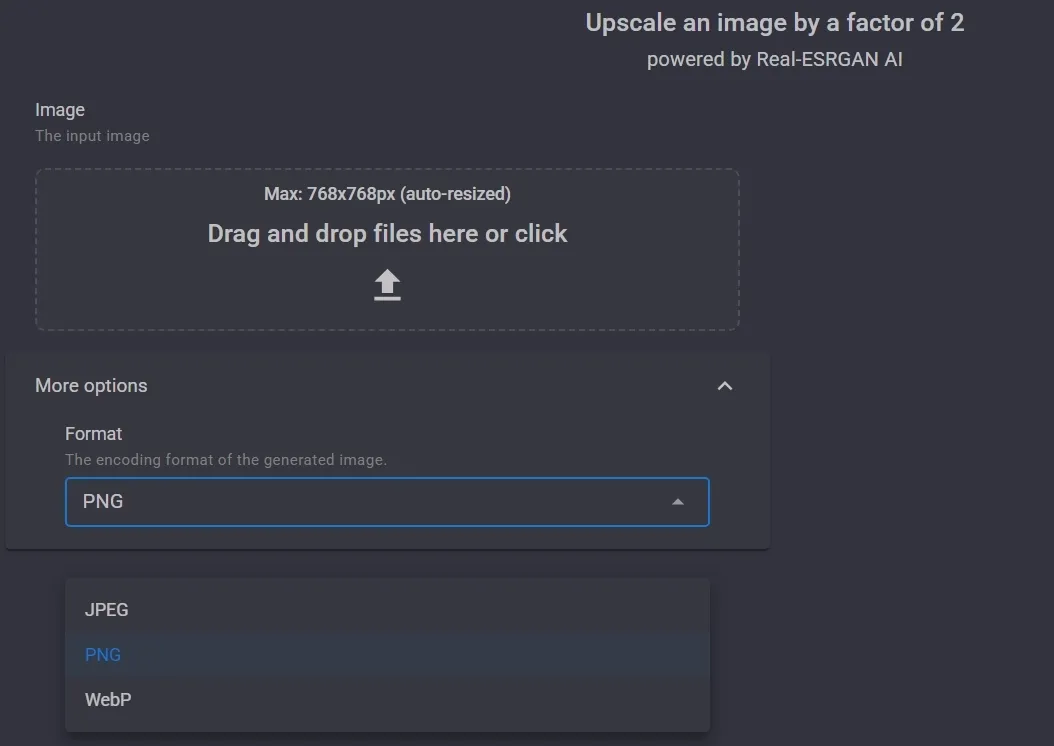 Interface for upscaling images with format selection options.