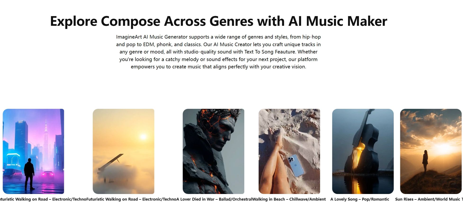 ImagineArt AI Music Generator showcases music covers in different genres such as electronic, ballad, and pop
