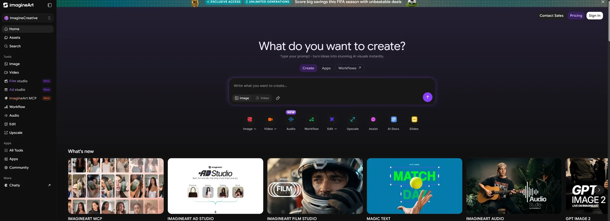 Uma interface de usuário para o ImagineArt com ferramentas para criação de imagens e vídeos.