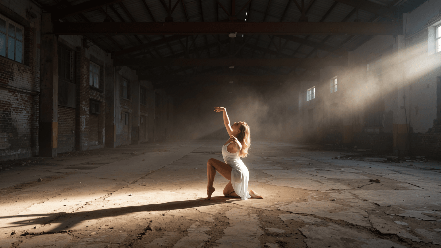 A dancer in a white dress poses elegantly in beams of light inside an abandoned factory