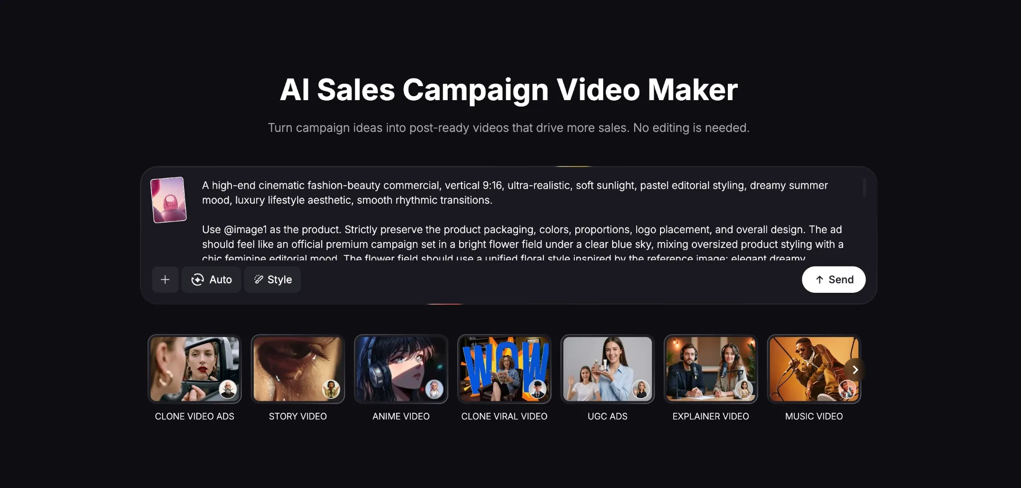 用于创建各种风格的 AI 驱动型销售宣传视频的界面。