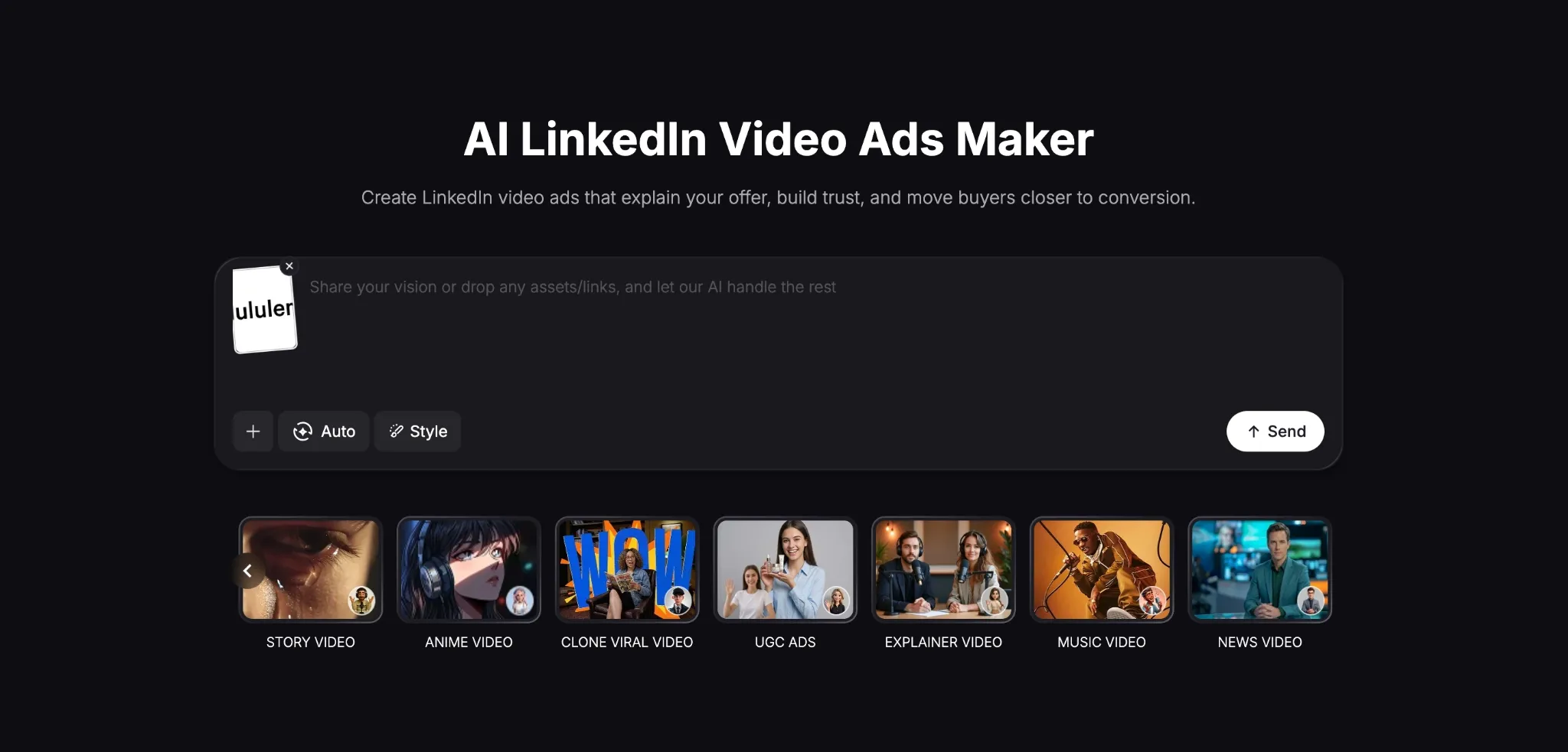 Grænseflade til at oprette AI-genererede LinkedIn-videoannoncer med forskellige stilarter.