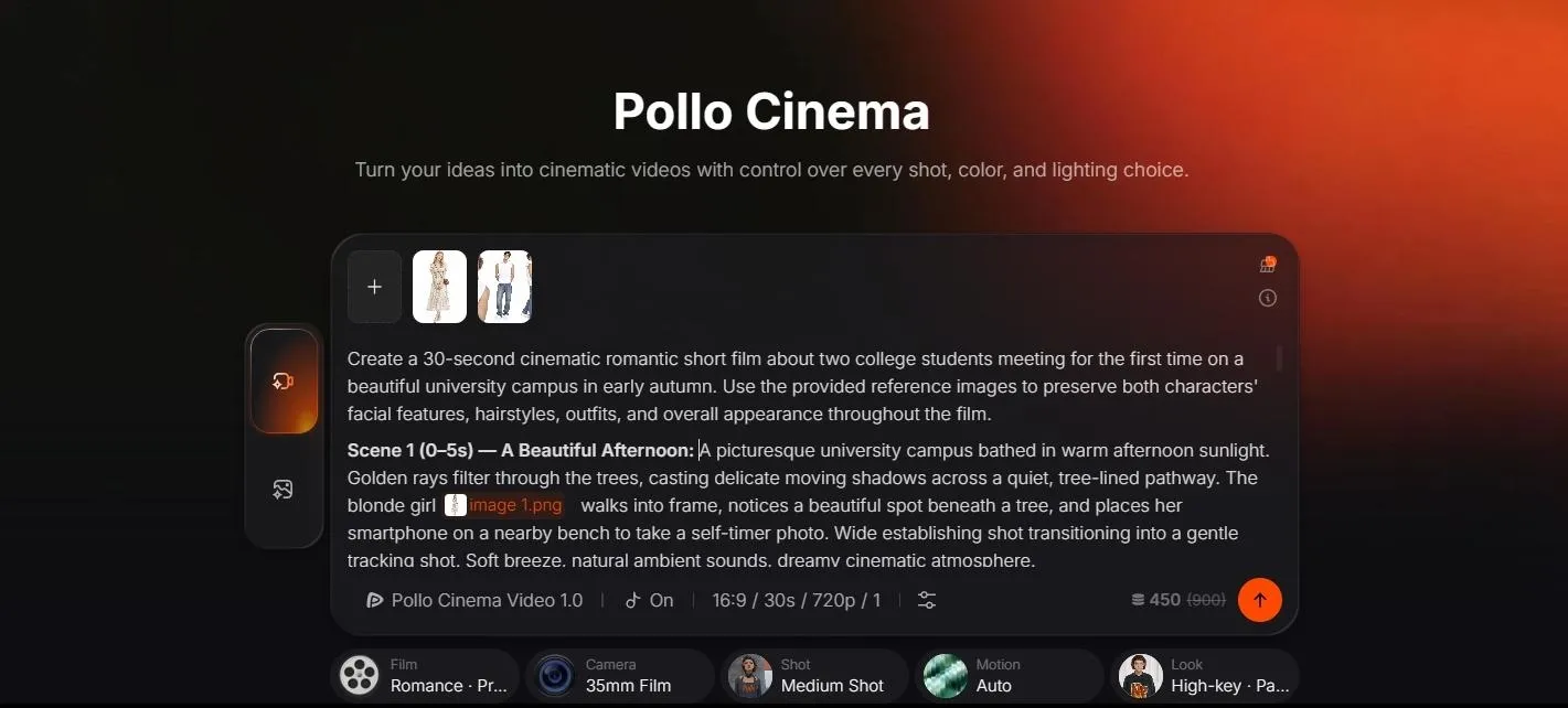 Interfaz para crear vídeos cinematográficos con descripciones de escenas y detalles de personajes.