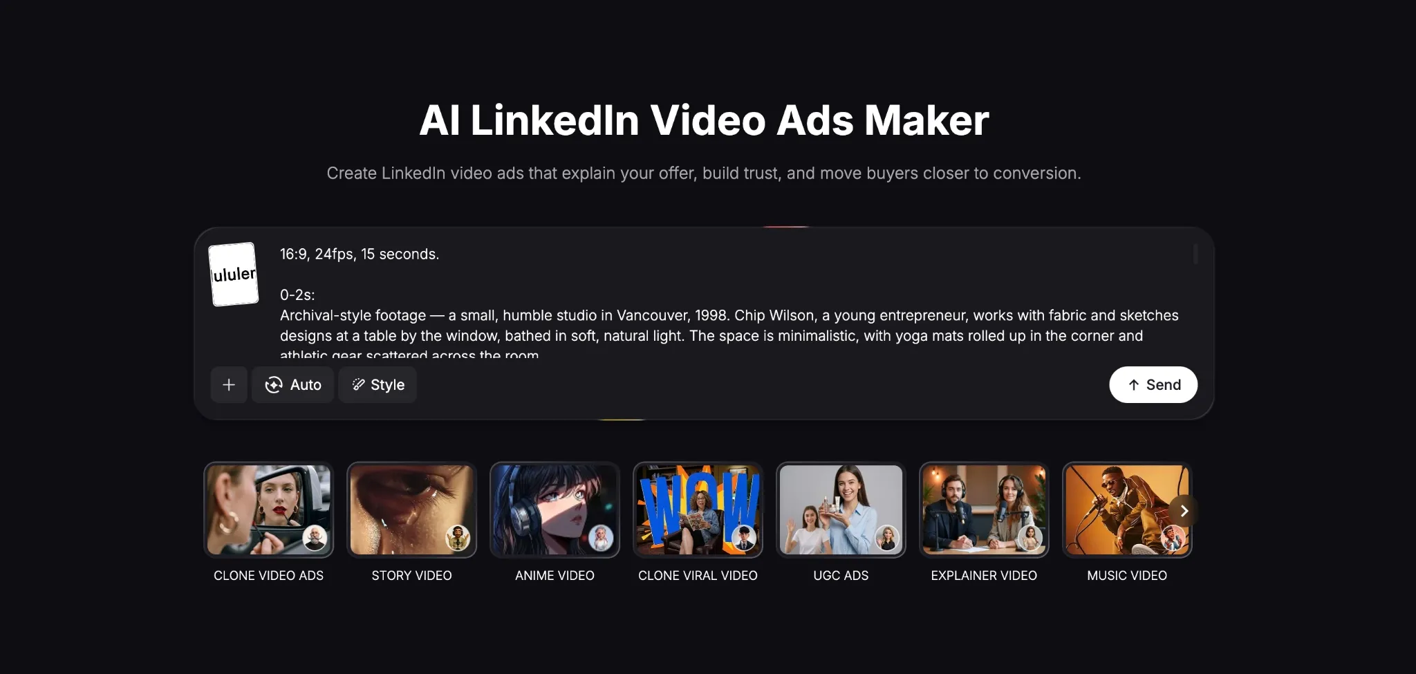 Grænseflade til at oprette LinkedIn-videoannoncer med forskellige stilarter og arkivmateriale.
