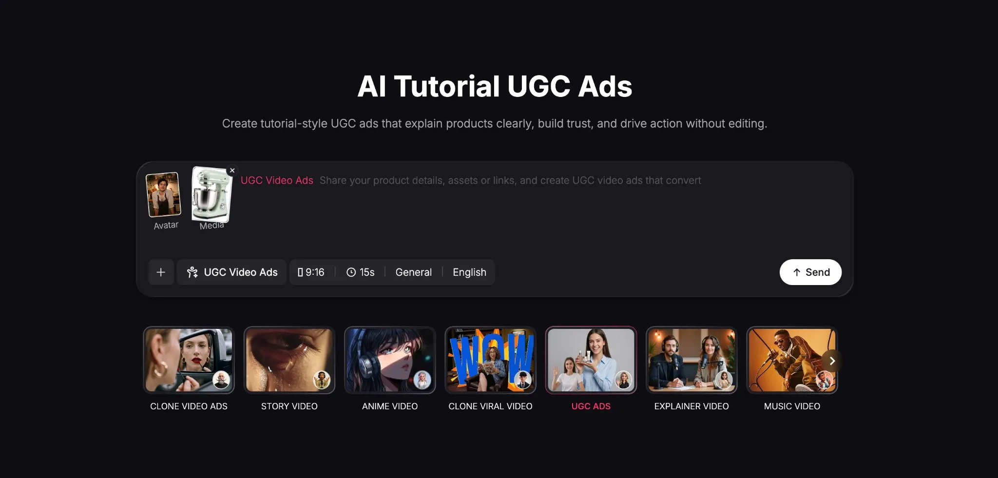 Grænseflade til oprettelse af UGC-videoannoncer i tutorial-stil med forskellige muligheder.