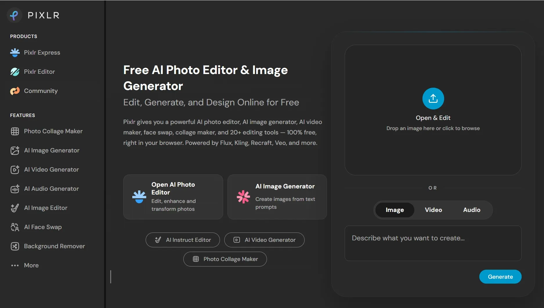 Interface de Pixlr, un éditeur photo et générateur d'images IA gratuit.