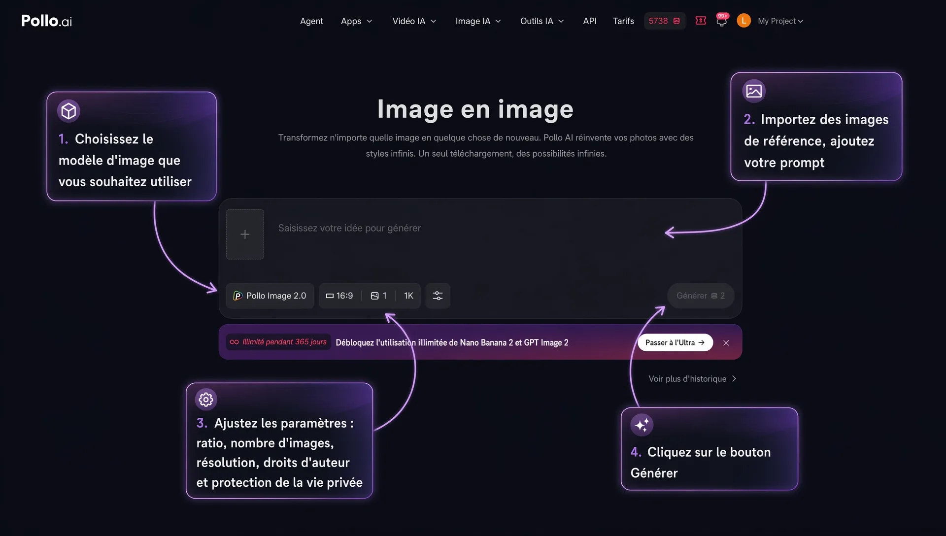 Interface Pollo AI Image en image avec les étapes pour importer une image de référence et générer un visuel