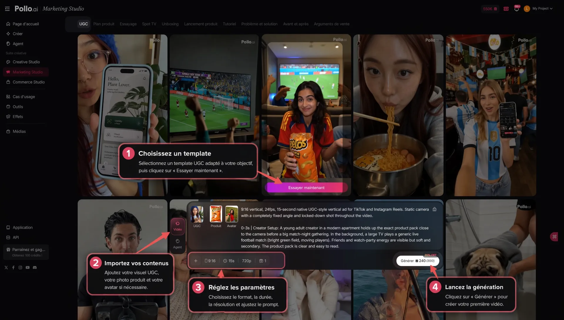 Interface Pollo AI Marketing Studio avec des modèles de vidéos UGC et les étapes pour générer une vidéo marketing