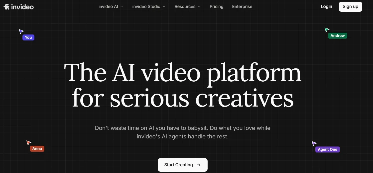 Página principal de Invideo AI para creadores serios y agentes de IA