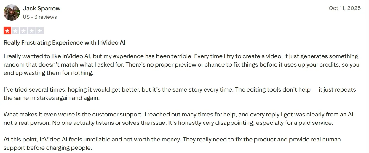 A user expresses frustration with InVideo AI's performance and customer support.
