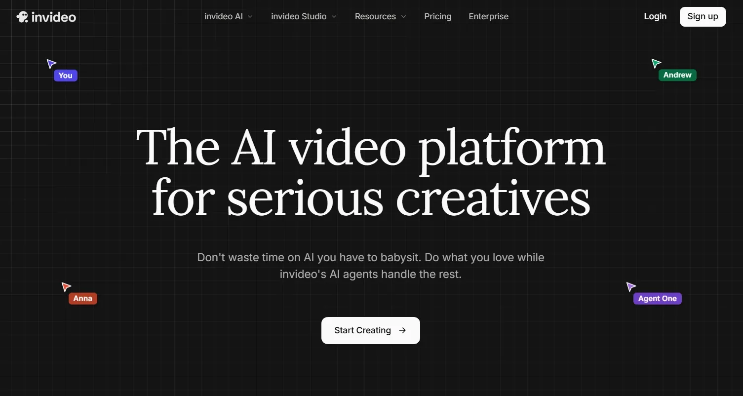 Página de inicio de InVideo que promociona una plataforma de vídeo con IA para creadores profesionales.